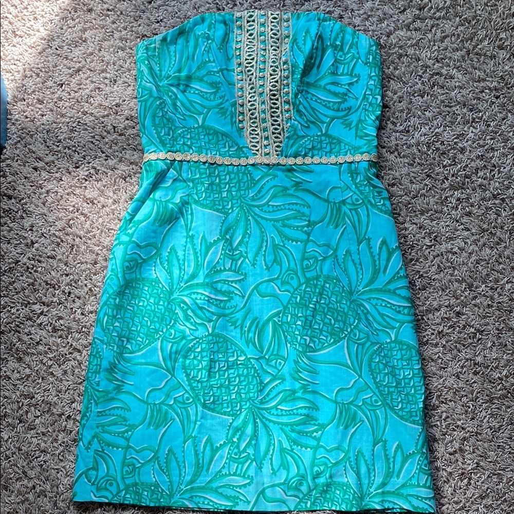 Lilly Pulitzer Strapless Dress in Turquoise and Gold
